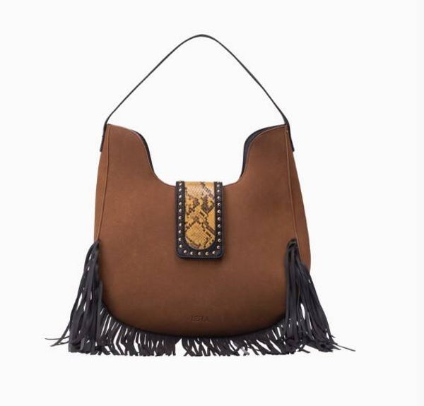 IZIA XL schoudertas in camelbruin met zwart