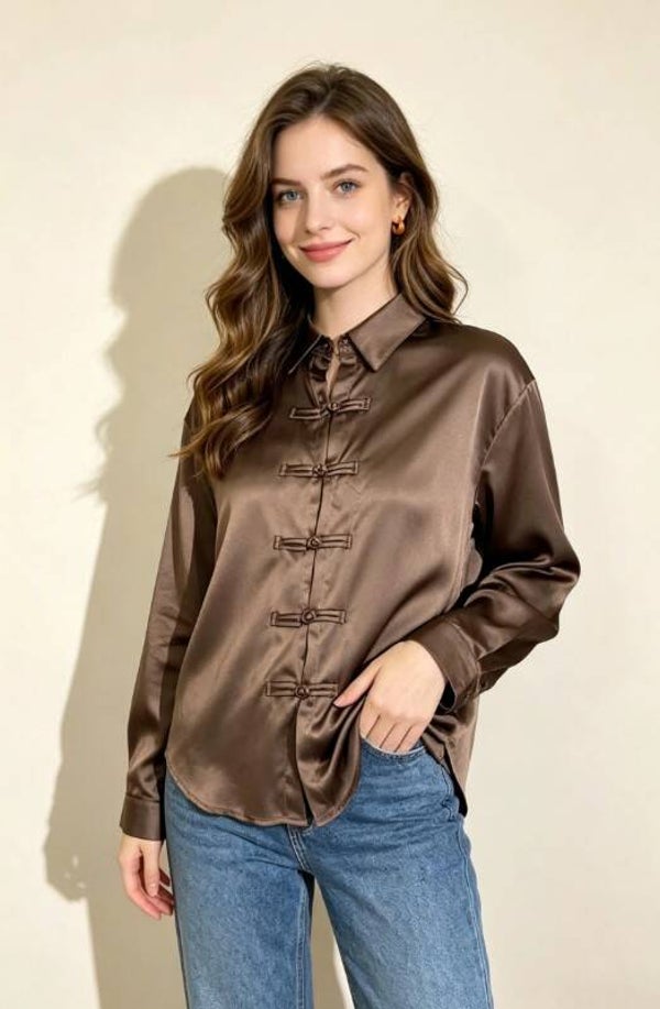 bruin satijnen blouse in azie stijl