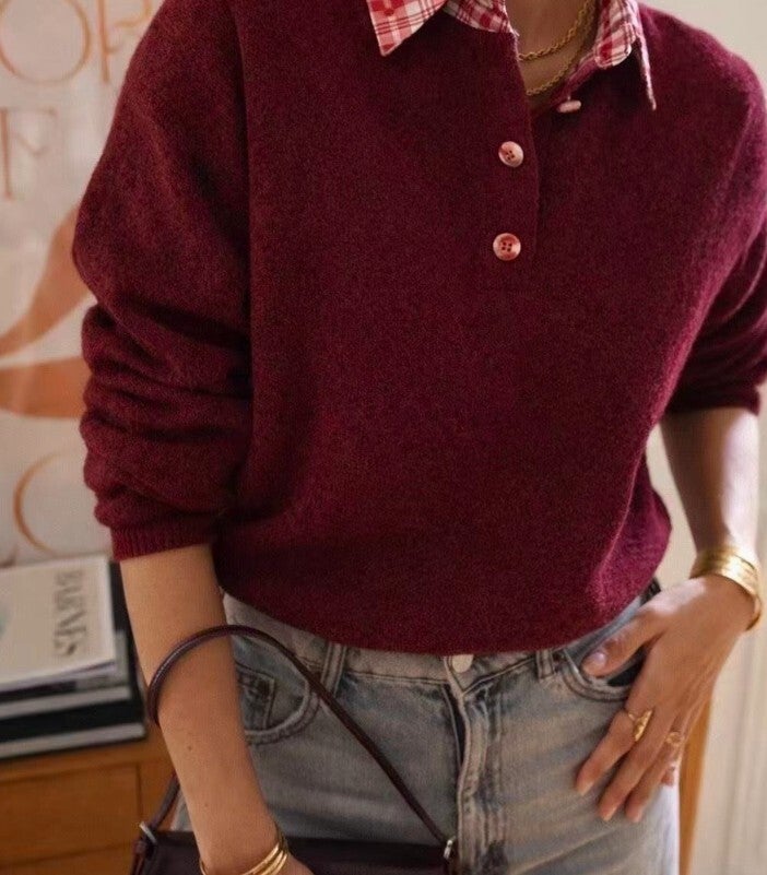trui Calyxte in burgundy rood met geblokte details M/L