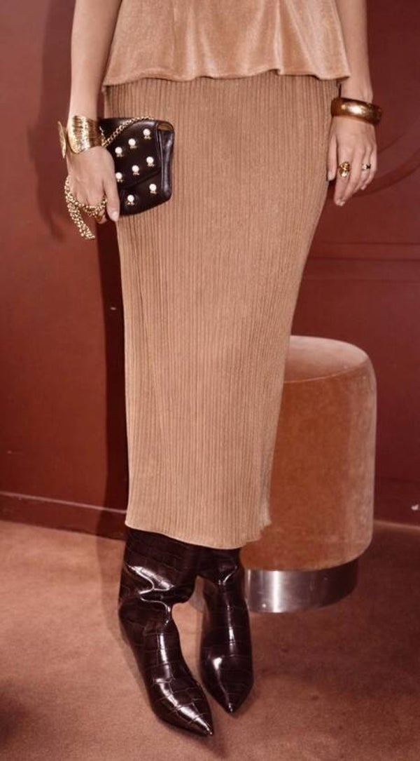 Midi rok aansluitend model beige bruin ribbelstof