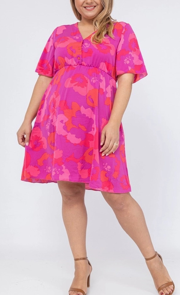 MIDI jurk knoopjes roze rode print
