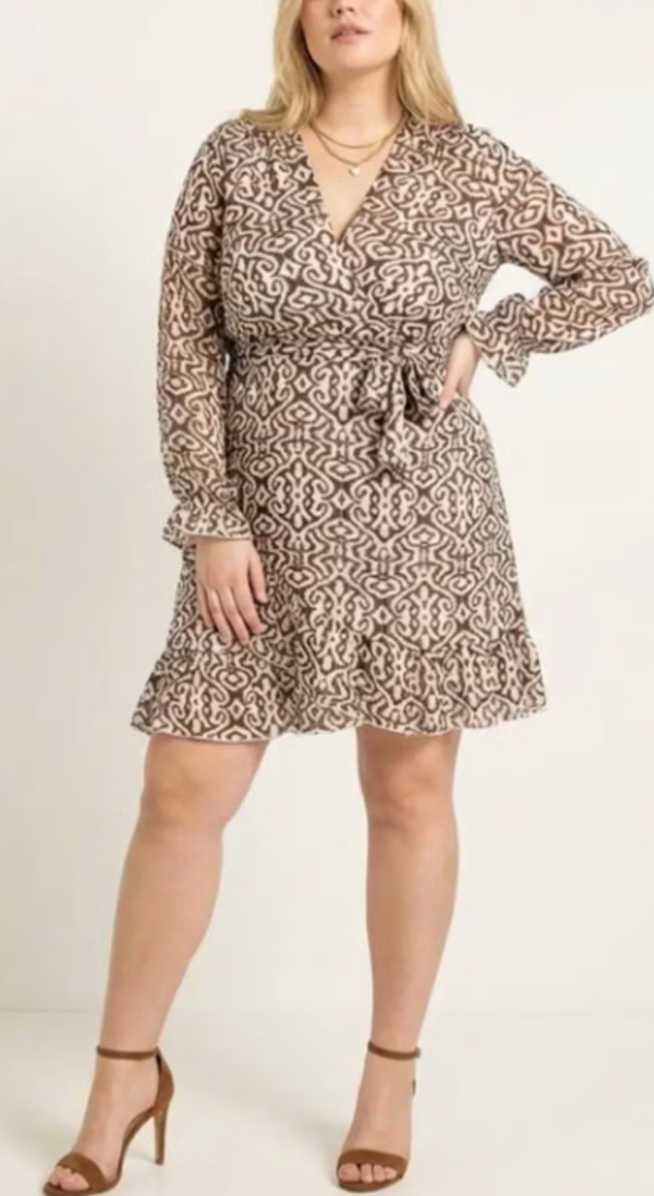 MIDI jurk lange mouw overslag bruin creme XL / XXL 42/44