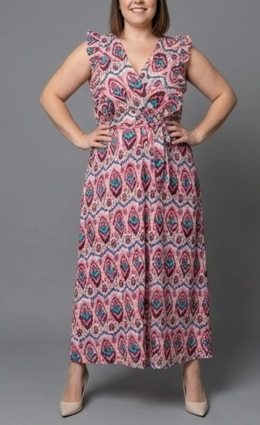 MAXI jurk ruches roze rode aztec print
