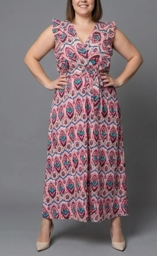 MAXI jurk ruches roze rode aztec print