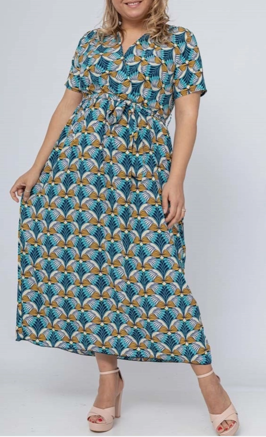 MAXI jurk retro print blauw groen oker
