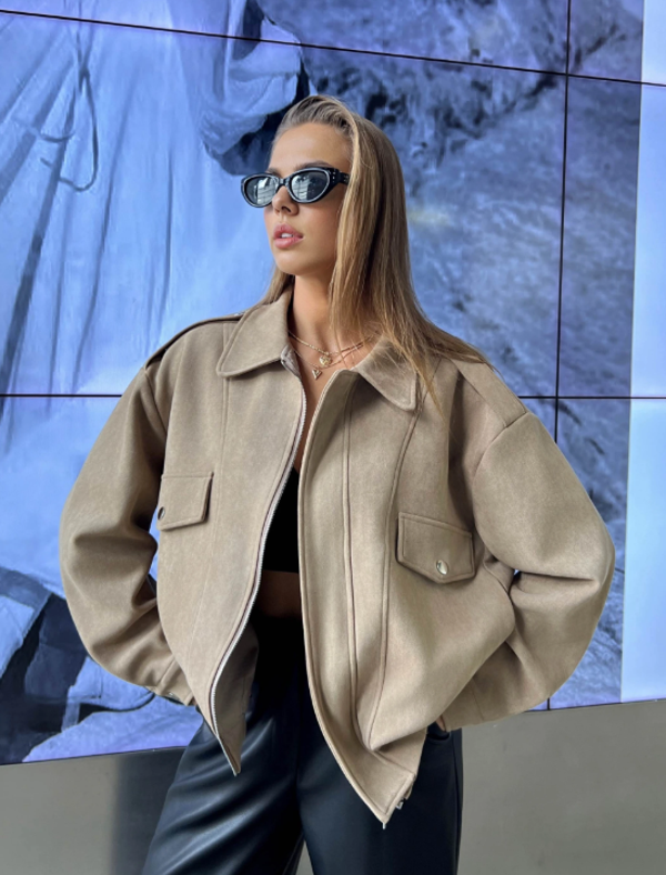 Vegan Suede bomber jas oversized beige