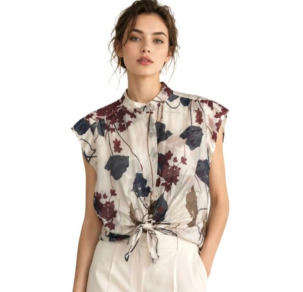 Blouse met knoop rood blauw blad motief 1 maat (36-40)