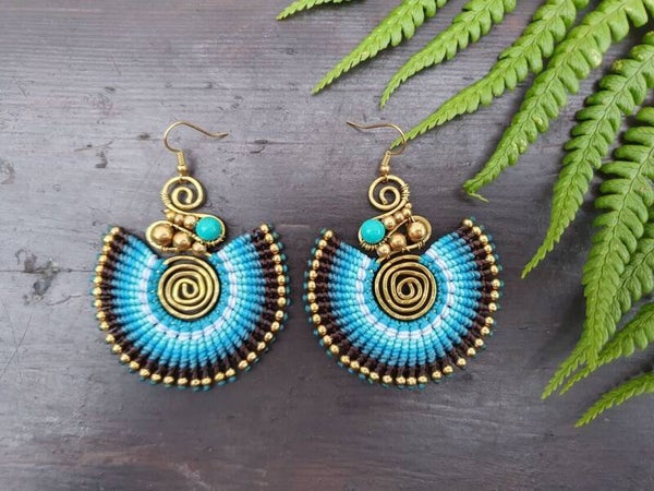 Macramé earrings, turquoise glass earrings-handmade
