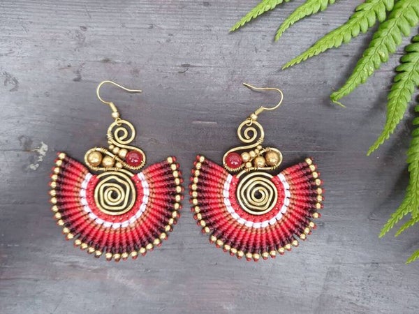 Macramé earrings, rubellite crystal earrings-handmade