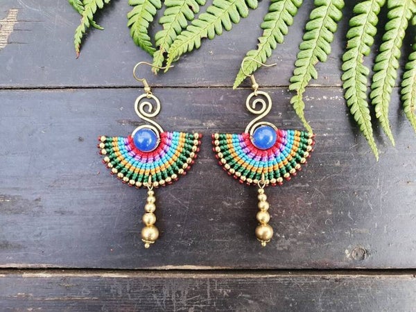 Macramé earrings, Egyptian earrings, blue agate earrings-handmade