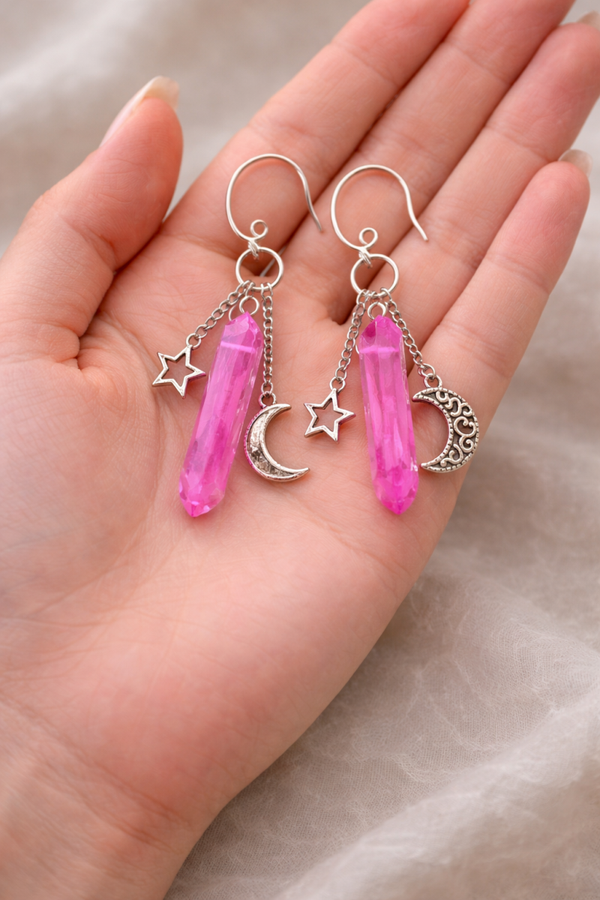 Hippie earrings with moon charms and synthetic crystals