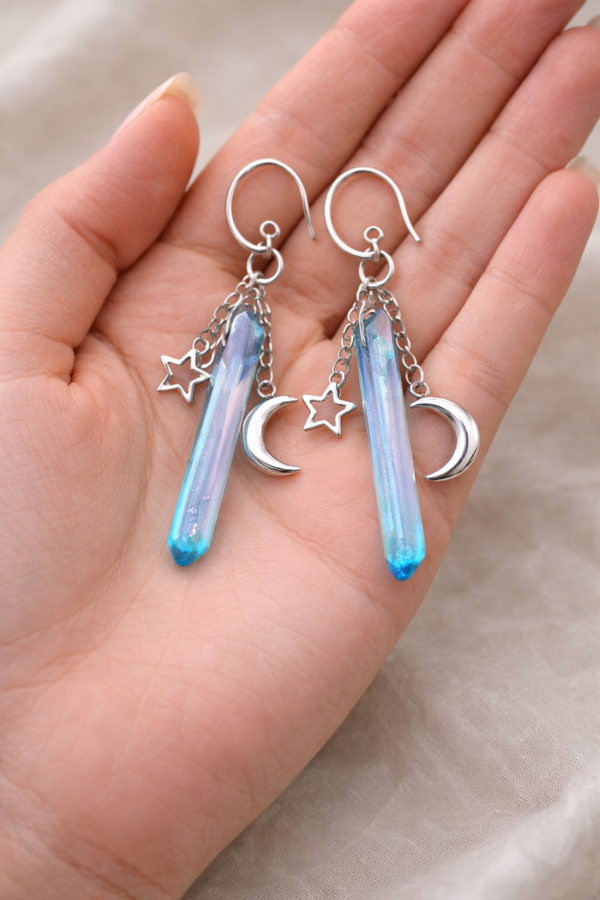 Hippie earrings with moon charms and synthetic crystals