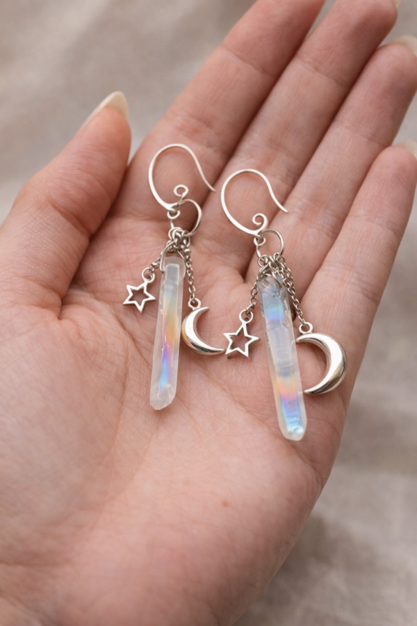 Hippie earrings with moon charms and synthetic crystals