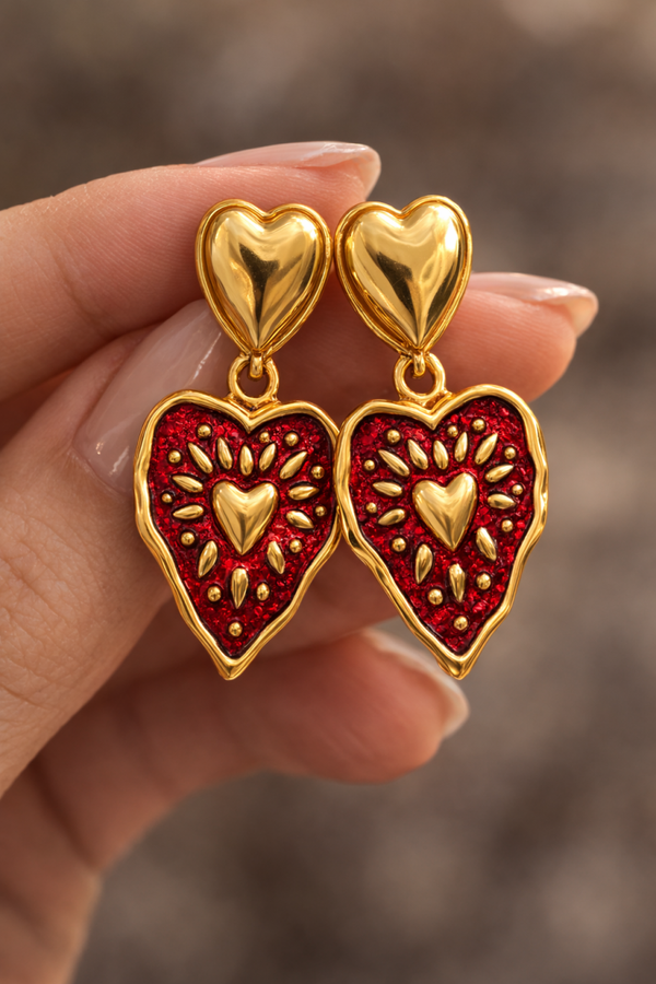 Red Heart Earrings: Enamel and Steel