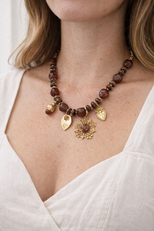 Bohemian Necklace with Amber Charms and Beads
