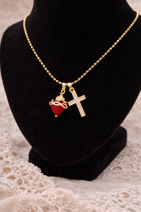 Sacred Heart and Cross Necklace