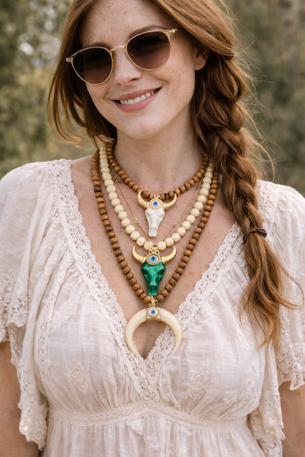 Boho Western Necklaces: Cow Skull and Crescent Moon