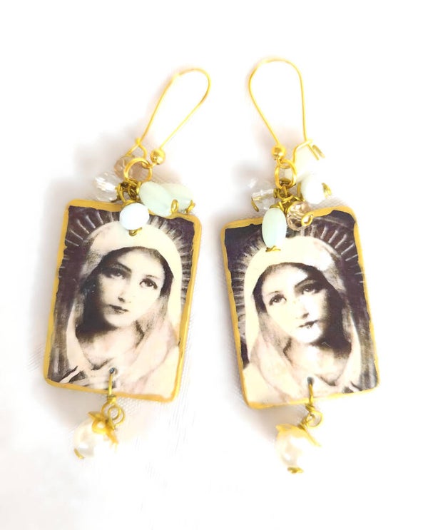 Virgin Mary earrings 1920s vintage style handmade stamped wooden earrings,