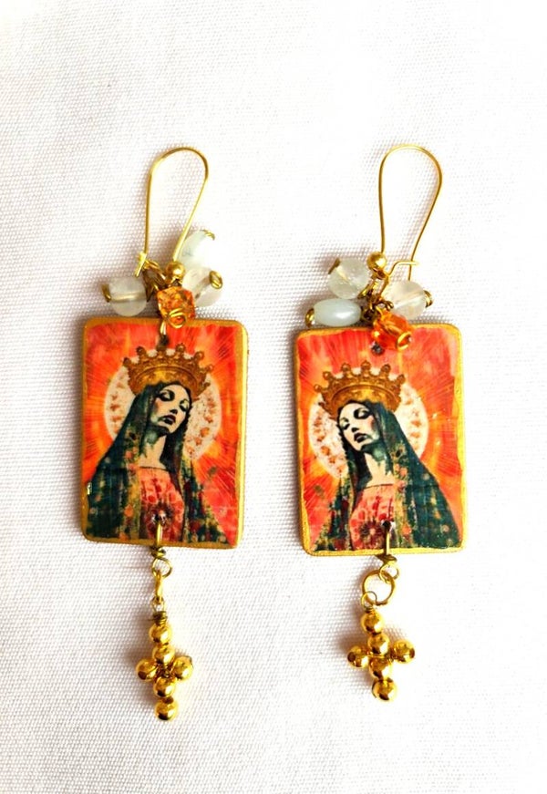 Virgin Mary earrings 1920s vintage style handmade stamped wooden earrings,