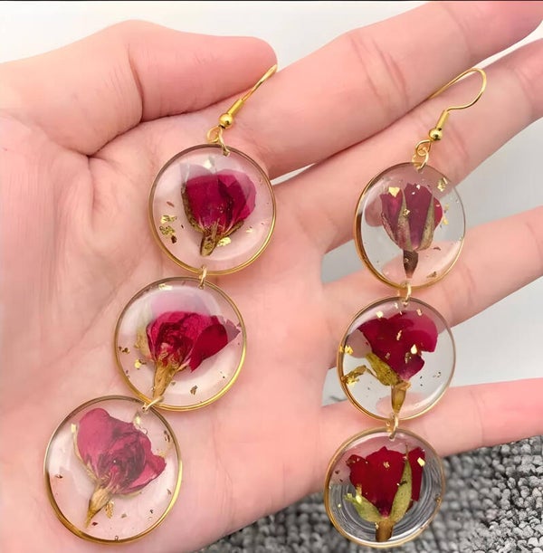 Resin earrings, natural flowers bohemian earrings