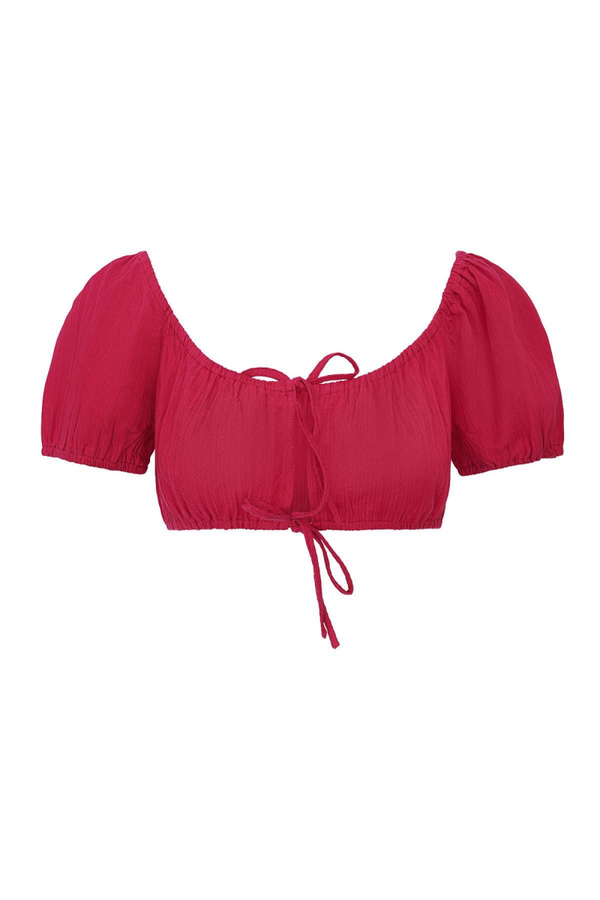 Stretchtop met pofmouw - Rood