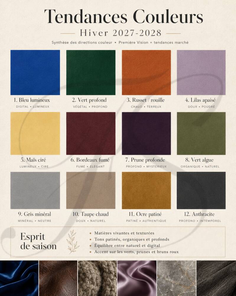 1. Nuancier couleurs tendances Hiver 2027-2028 Couleurs tendances Hiver 2027-2028 avec bleu lumineux, vert profond, russet, lilas, maïs, prune, bordeaux et tons minéraux