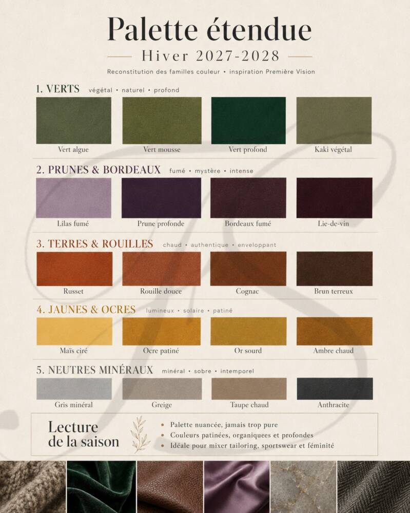 2. Palette étendue Hiver 2027-2028 Palette étendue des couleurs Hiver 2027-2028 avec verts végétaux, prunes, bordeaux, rouilles, ocres et neutres minéraux