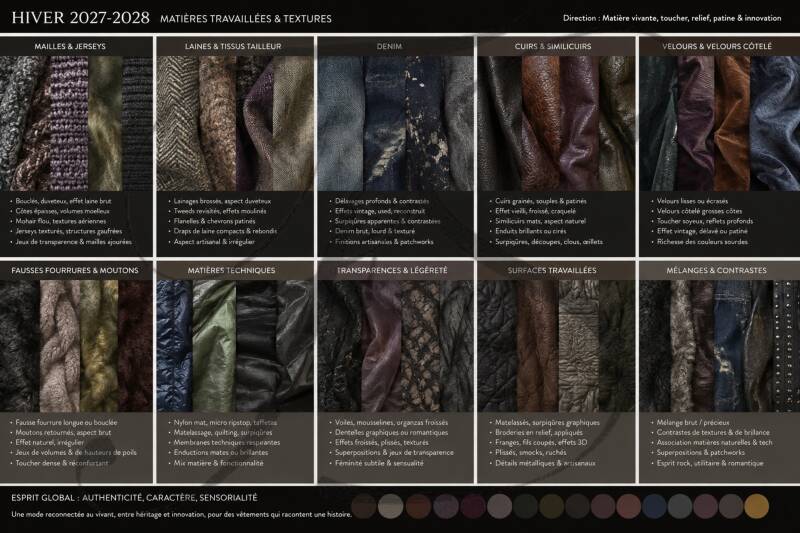 3. Moodboard matières travaillées Hiver 2027-2028 Matières tendances Hiver 2027-2028 avec lainages, denim, cuir, velours, fausse fourrure, matières techniques, transparences et surfaces texturées