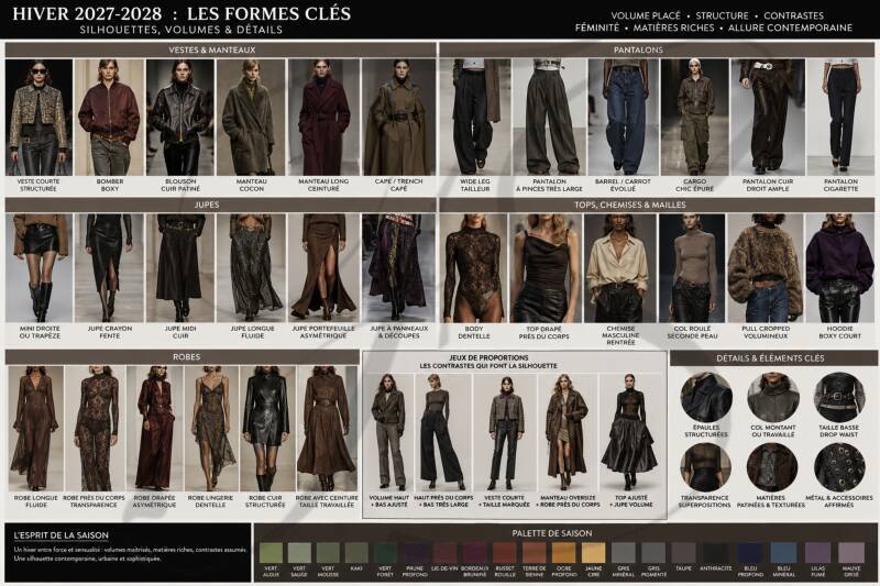 4. Visuel formes et silhouettes Hiver 2027-2028 Silhouettes tendances Hiver 2027-2028 avec vestes structurées, bombers boxy, manteaux cocon, pantalons larges, jupes et tops ajustés