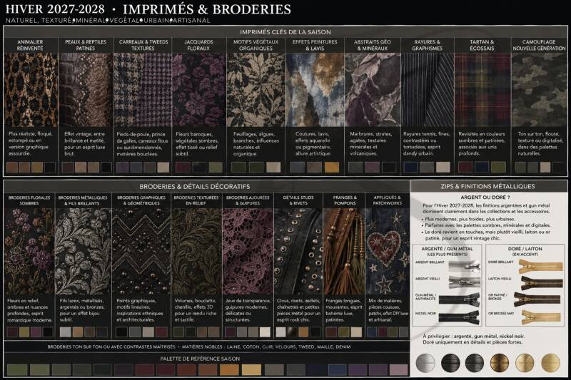 5. Moodboard imprimés et broderies Hiver 2027-2028 Imprimés et broderies tendances Hiver 2027-2028 avec floraux sombres, animalier, carreaux, motifs minéraux, broderies et détails métalliques