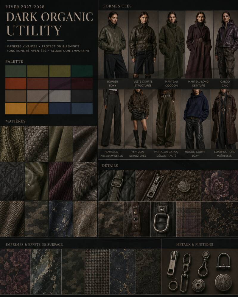 6. Moodboard Dark Organic Utility Hiver 2027-2028 Moodboard Dark Organic Utility Hiver 2027-2028 avec matières organiques, verts profonds, cuir patiné, bombers, cargos et détails gunmetal