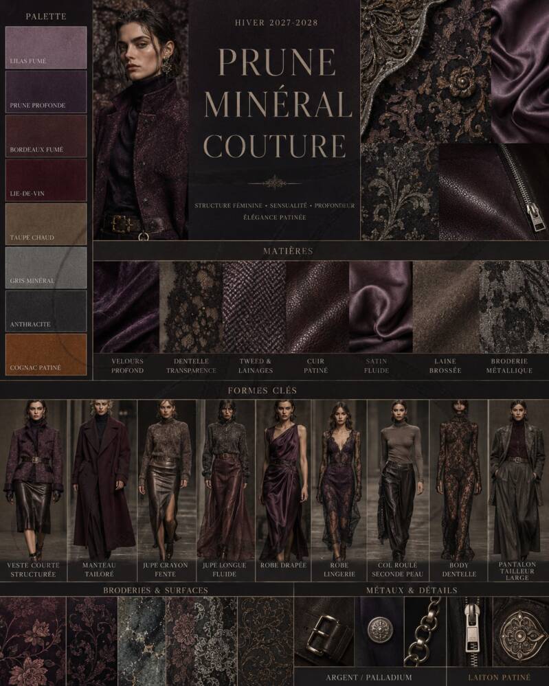 7. Moodboard Prune Minéral Couture Hiver 2027-2028 Moodboard Prune Minéral Couture Hiver 2027-2028 avec prune, bordeaux, dentelle, velours, cuir, broderies et silhouettes féminines structurées