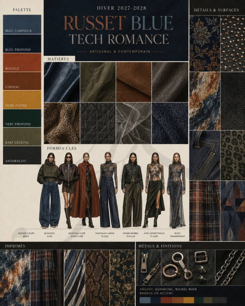 8. Moodboard Russet Blue Tech Romance Hiver 2027-2028 Moodboard Russet Blue Tech Romance Hiver 2027-2028 avec bleu profond, rouille, cognac, matières techniques, cuir, denim et silhouettes contemporaines