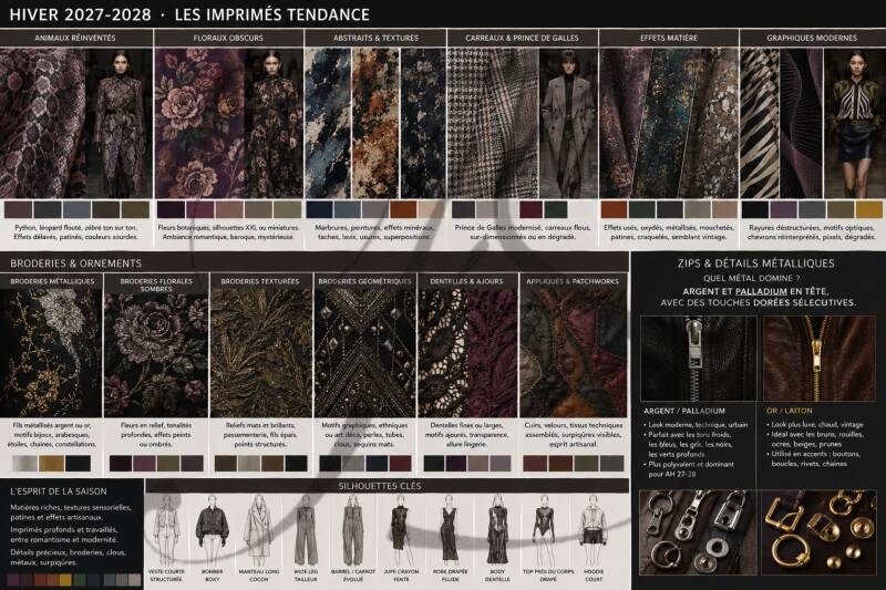 9. Visuel imprimés tendances et zips métalliques Hiver 2027-2028 Tendances imprimés Hiver 2027-2028 avec motifs floraux, graphiques, abstraits, prince de galles, broderies et zips argentés ou dorés