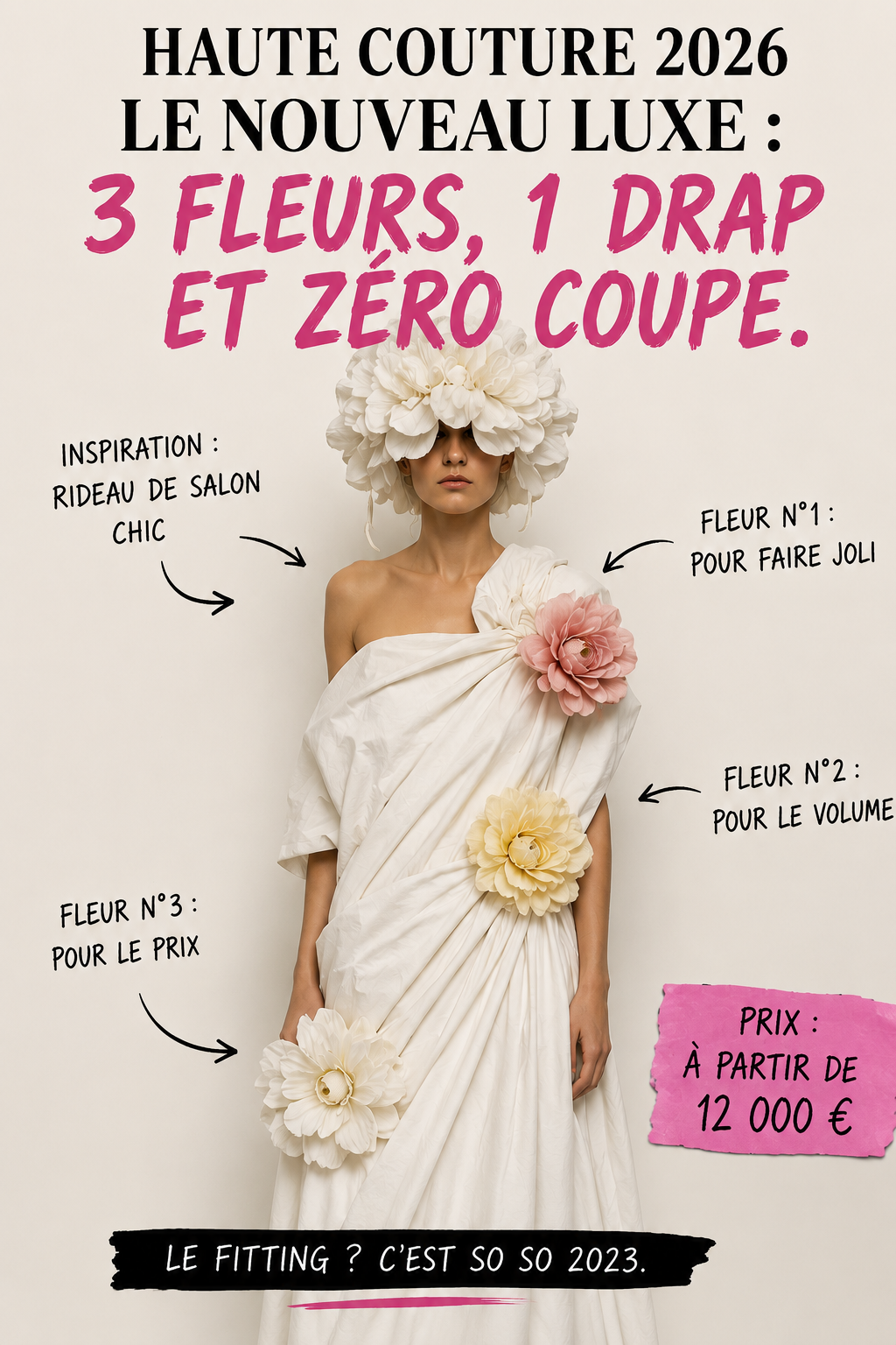 Affiche mode satirique Haute Couture 2026 représentant un mannequin en robe drapée blanche avec fleurs oversize et texte humoristique « 3 fleurs, 1 drap et zéro coupe » dans un style éditorial fashion critique.