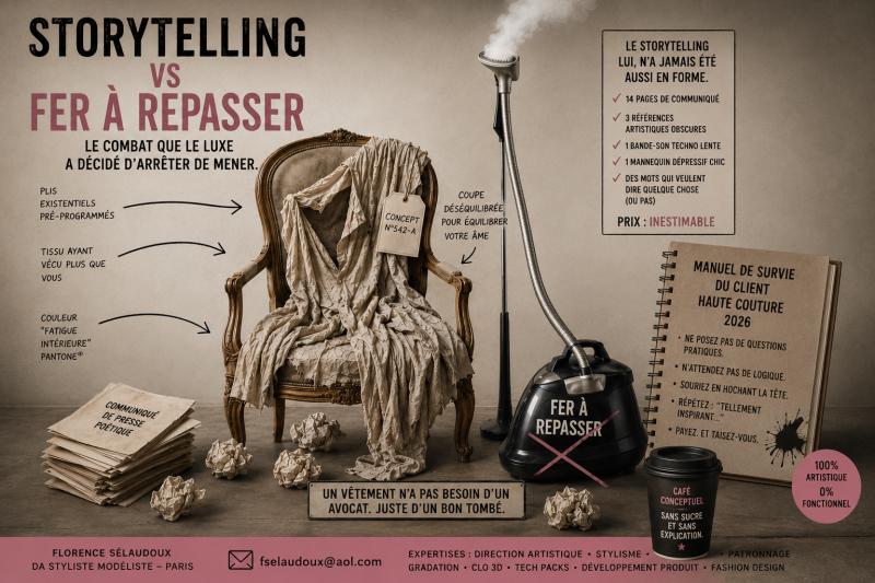 Affiche satirique Fashion Autopsie représentant un fauteuil recouvert d’un vêtement froissé, opposant storytelling et savoir-faire couture, avec annotations humoristiques sur la mode conceptuelle, les communiqués de presse et le luxe contemporain.