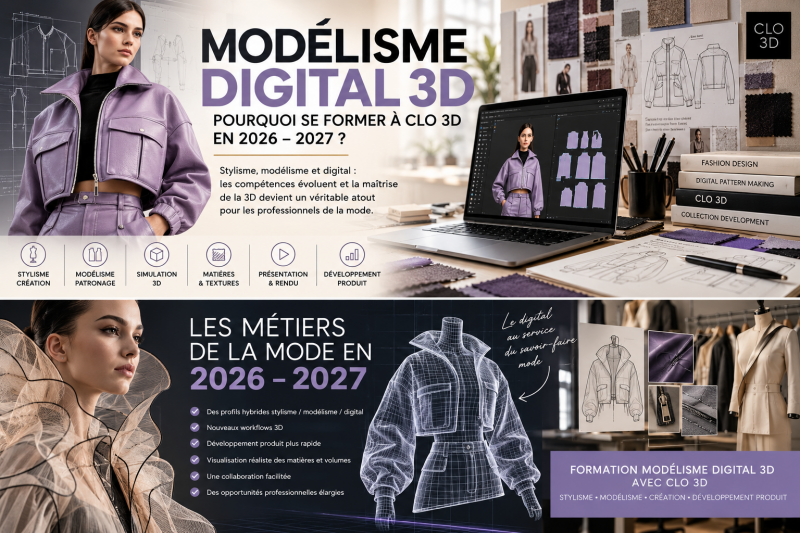 Modélisme Digital 3D et formation CLO 3D : apprendre le stylisme, le patronage numérique et la création de vêtements 3D pour les métiers de la mode en 2026-2027.