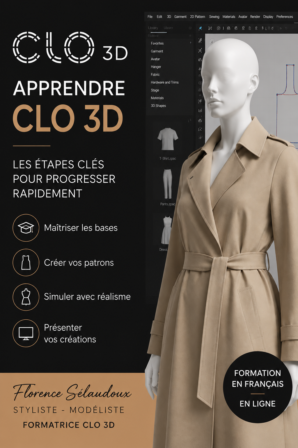 Comment apprendre CLO 3D – Formation mode 3D avec ordinateur portable affichant un vêtement créé sur CLO 3D, guide débutant en modélisme digital et Florence Sélaudoux disponible pour collaborations mode et projets créatifs