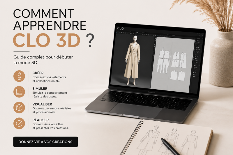 Affiche formation CLO 3D en français avec mannequin 3D portant un trench beige, apprentissage du modélisme digital et Florence Sélaudoux disponible pour collaborations mode, direction artistique et projets CLO 3D