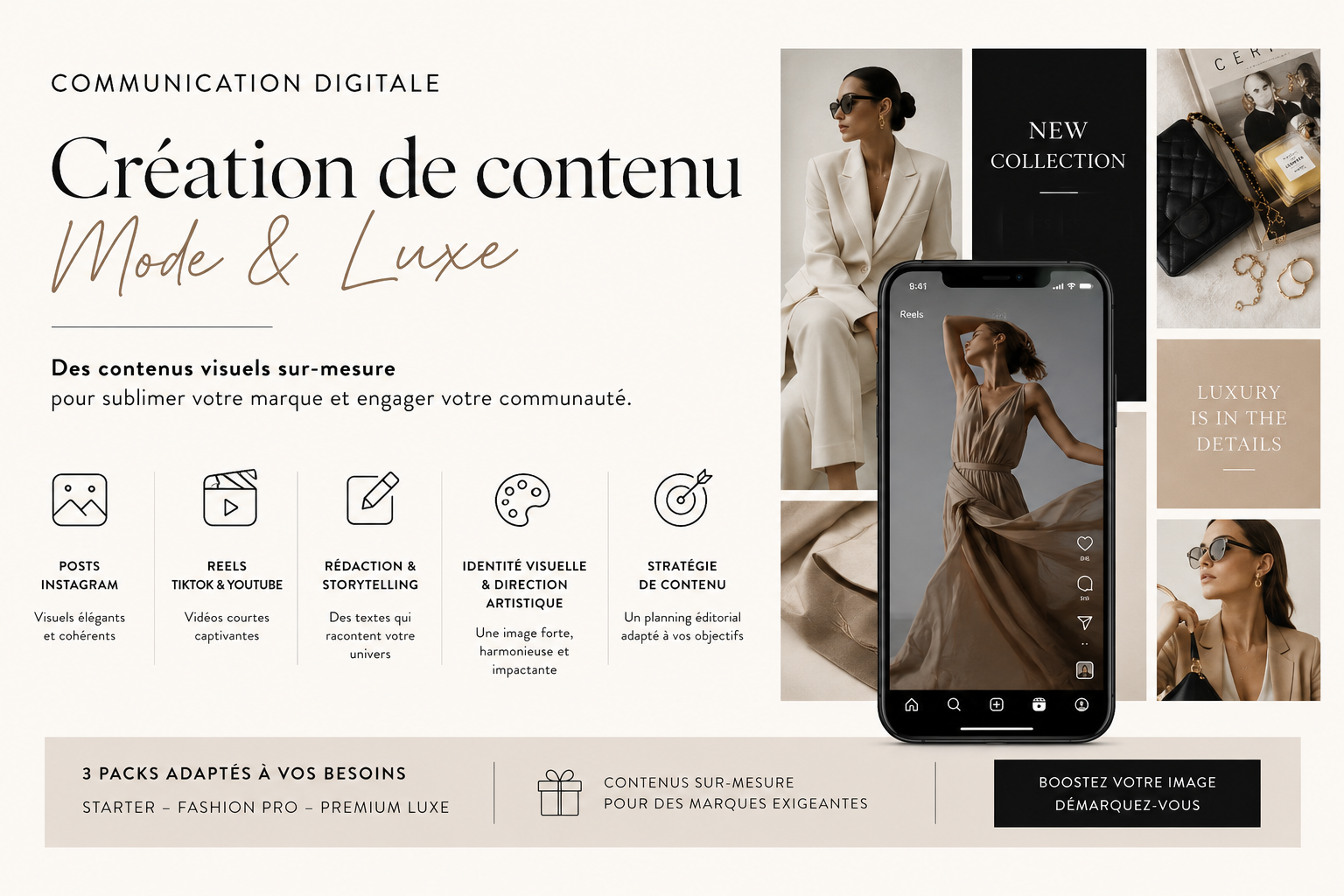 Création de contenu mode et luxe pour les réseaux sociaux : communication digitale fashion avec reels TikTok, posts Instagram, storytelling, direction artistique et contenus visuels premium pour marques de prêt-à-porter et luxe.