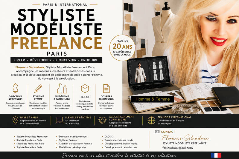 Styliste Modéliste Freelance à Paris – Florence Sélaudoux accompagnant les marques de mode en direction artistique, stylisme, modélisme, CLO 3D, développement produit et dossiers techniques.