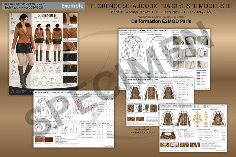 Exemple de Tech Pack professionnel pour veste femme avec dessins techniques, doublure, mesures, finitions et détails de production
