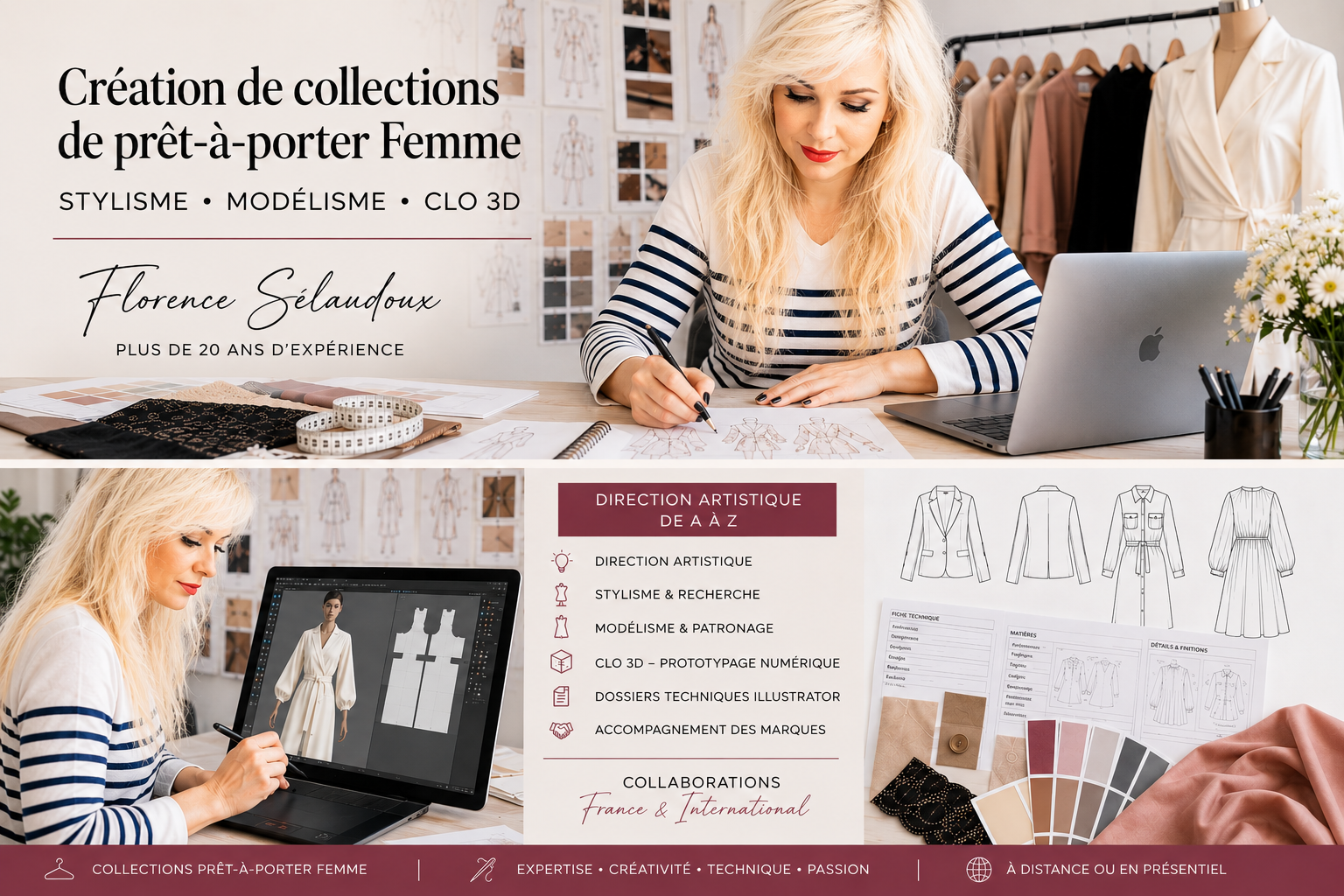 Florence Sélaudoux – Styliste Freelance, Direction Artistique, Modélisme, CLO 3D et développement de collections de prêt-à-porter Femme pour les marques françaises et internationales.