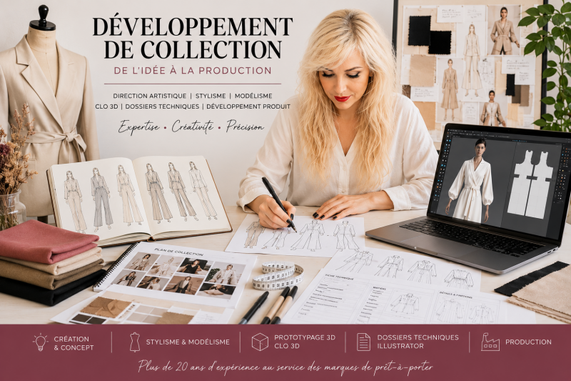 Développement de collection de prêt-à-porter Femme par Florence Sélaudoux, styliste freelance, directrice artistique, modéliste et experte CLO 3D pour les marques françaises et internationales.