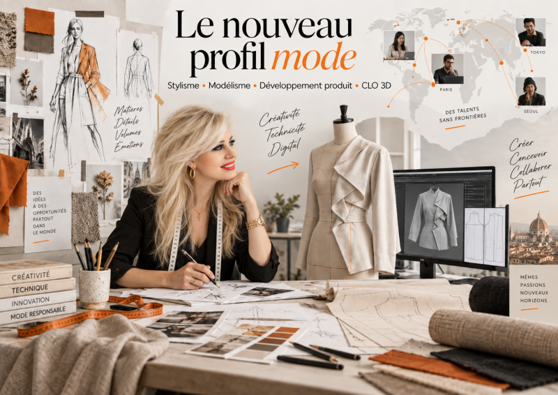 Styliste modéliste professionnelle travaillant entre création, patronage, développement produit et CLO 3D, avec une dimension internationale et digitale.
