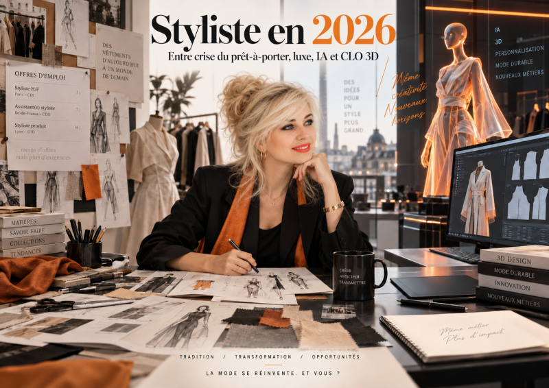 Styliste professionnelle dans un studio de mode entre croquis, matières, CLO 3D et intelligence artificielle, illustrant l’évolution du métier de styliste en 2026.