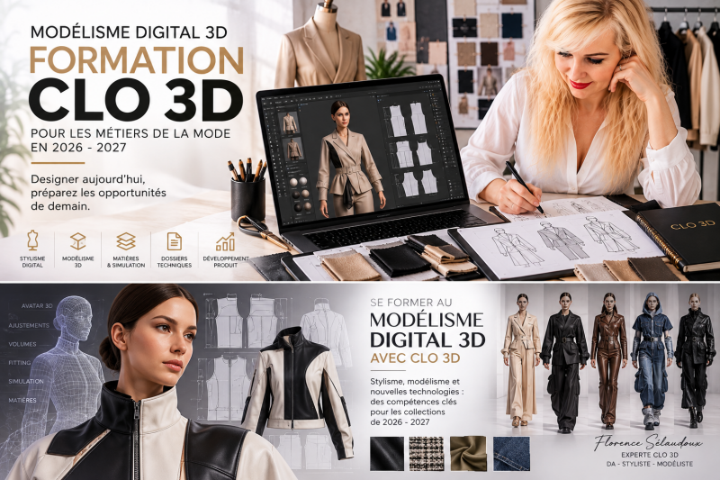 Formation Modélisme Digital 3D avec CLO 3D pour stylistes et modélistes : patronage, simulation 3D, matières, fitting et développement de collections de mode en 2026-2027.