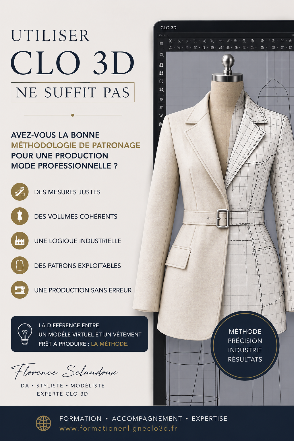 Illustration professionnelle autour de CLO 3D montrant la différence entre une simple modélisation 3D et une méthodologie de patronage mode industrielle avec veste virtuelle, patronage technique et workflow prêt à produire
