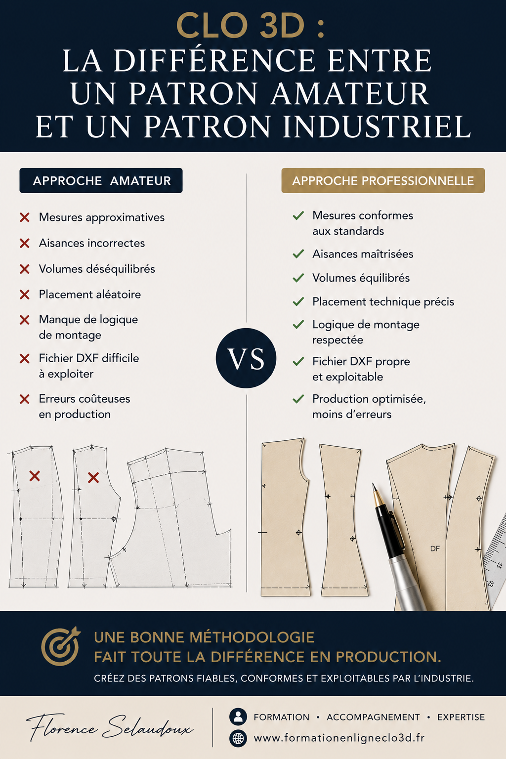 Infographie comparant un patron amateur et un patron industriel sur CLO 3D avec erreurs fréquentes de modélisation, méthodologie professionnelle, fichiers DXF et patronage conforme à l’industrie textile