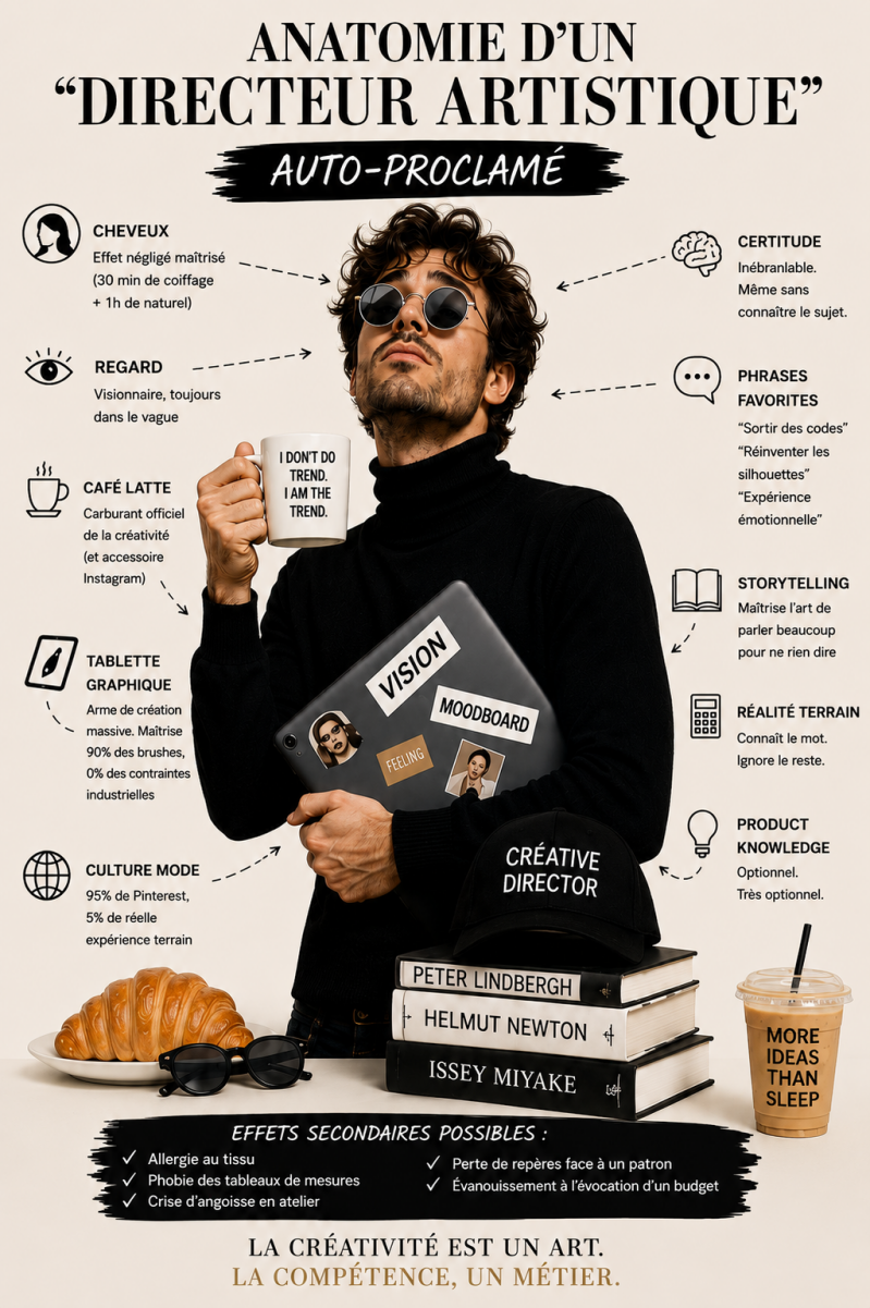 Infographie humoristique et éditoriale sur l’anatomie d’un directeur artistique auto-proclamé avec annotations sarcastiques, culture Pinterest, storytelling, café latte et satire du milieu de la mode et de la création digitale